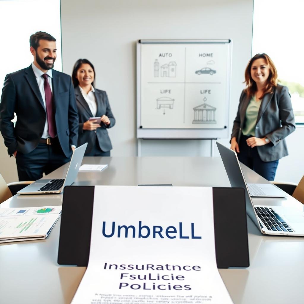 A well-organized office environment showcasing a diverse group of three professionals—two men and one woman—in business attire, engaged in a collaborative discussion about insurance policies. In the foreground, a large document titled "Umbrella Insurance Policies" is placed on a sleek conference table, surrounded by laptops and charts. In the middle ground, a wall-mounted whiteboard displays diagrams illustrating the integration of umbrella insurance with existing auto, home, and life insurance policies. The background features a window with natural light streaming in, creating a bright and optimistic atmosphere. The composition should be captured from a slightly elevated angle, focusing on the interaction among the professionals while emphasizing the concept of comprehensive protection and collaboration.