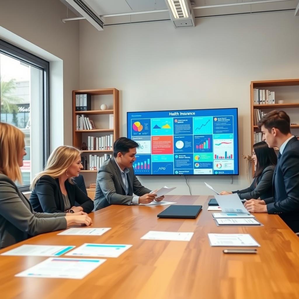 A well-organized office space depicting a collaborative environment for health insurance discussion. In the foreground, a group of diverse professionals, dressed in smart business attire, are intensely reviewing health insurance documents and charts on a sleek wooden conference table. The middle ground features a large, illuminated display screen showing colorful infographics about various health insurance plans. In the background, a bookshelf lined with medical and insurance references complements the scene. Soft, natural lighting enters through a large window, creating a welcoming atmosphere. The focus is on the teamwork and analytical processes involved in choosing the right insurance plan, evoking a sense of diligence and professionalism.