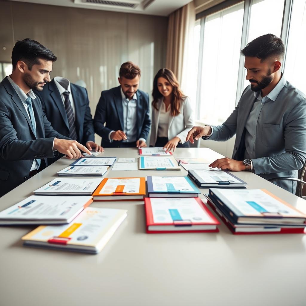 A well-organized office space featuring a variety of individualized business insurance packages displayed on a modern, sleek conference table. In the foreground, a diverse group of three professionals dressed in business attire—two men and one woman—are intently examining the insurance documents, pointing at specific details. In the middle, the packages are neatly arranged with colorful covers and labeled folders. The background shows a large window with soft natural light streaming in, illuminating the room and creating a warm, inviting atmosphere. The scene captures a sense of collaboration and focus, illustrating the importance of legal compliance in tailored business insurance solutions. The camera angle is slightly above eye level, offering a comprehensive view of the workspace, showcasing both the professionals and the insurance packages.