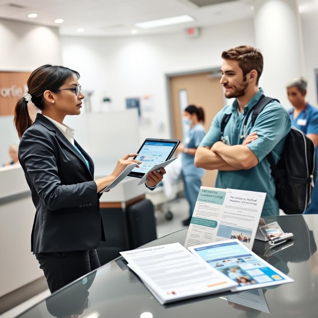 A well-organized scene representing emergency medical coverage in travel insurance. In the foreground, a professional-looking travel insurance agent in business attire is engaged in a conversation with a concerned traveler, both standing by a hospital reception desk. The agent is showing a digital tablet displaying insurance details. In the middle ground, there are medical documents and brochures about pre-existing condition coverage. In the background, a medical staff member in scrubs is attending to a patient, emphasizing the healthcare context. The lighting is bright and clinical, suggesting a welcoming atmosphere. The angle is slightly elevated, providing a comprehensive view of the setting, conveying assurance and professionalism in emergency medical coverage.