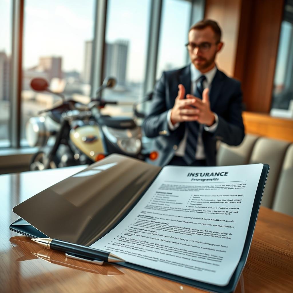 An elegantly designed office desk in the foreground features a glossy motorcycle insurance policy folder, opened to reveal detailed coverage benefits. A pen lies casually next to the folder, reflecting soft overhead lighting that highlights the documents. In the middle ground, a close-up of a confident insurance agent in professional business attire, gesturing as they explain the claims process to a motorcycle rider who is nodding in comprehension. The background showcases a large window with a view of a cityscape, signifying transparency and trust. The lighting is natural, creating a bright and welcoming atmosphere, while a subtle lens blur on the background emphasizes the focus on the subjects and their interaction, conveying a sense of professionalism and reliability in the motorcycle insurance industry.