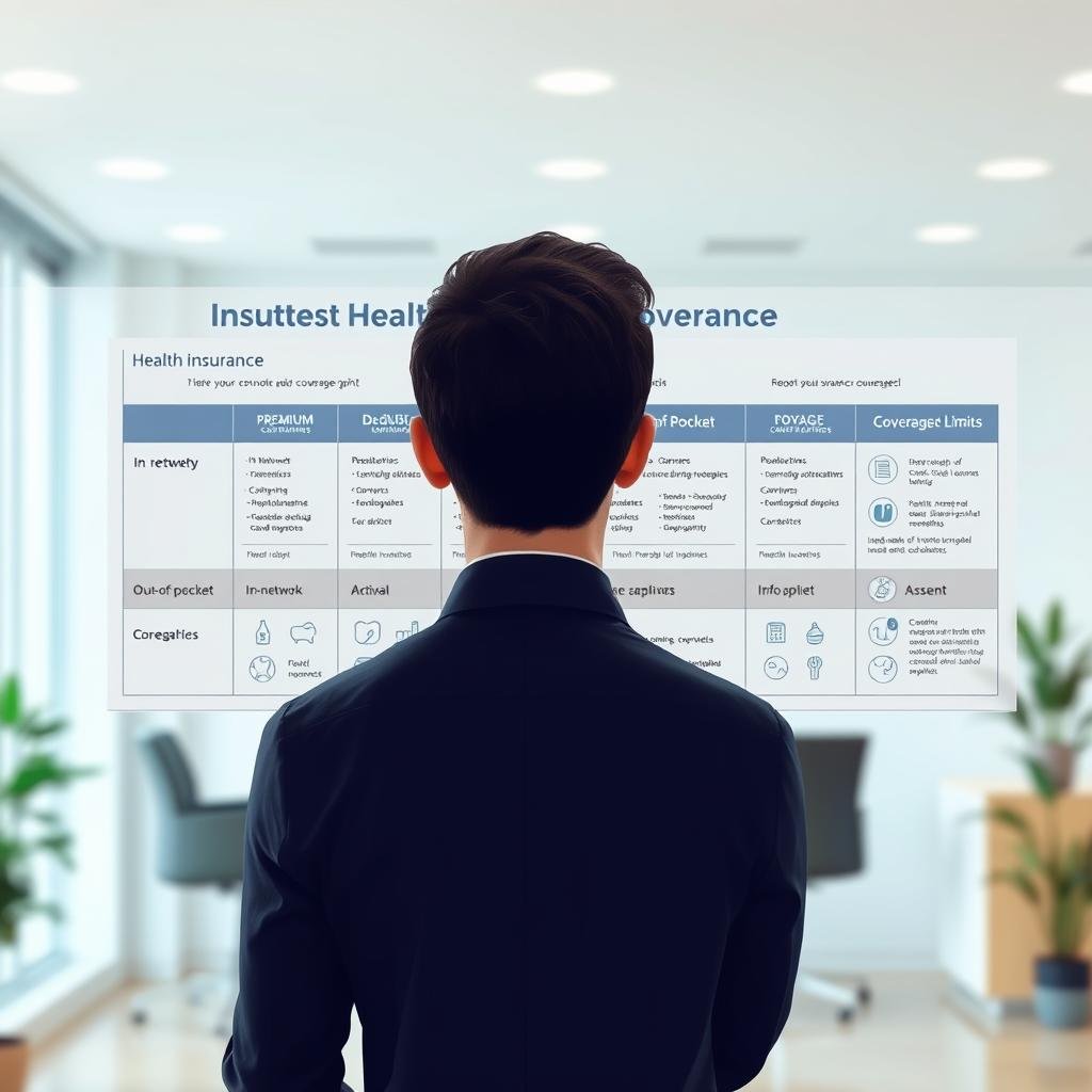 Health insurance terminology illustration depicting a person in professional attire standing in the foreground, thoughtfully reviewing a detailed chart showing various health insurance coverage options, such as premiums, deductibles, and copays. The middle ground features visually distinct sections outlining key terms like "in-network," "out-of-pocket," and "coverage limits," represented with icons and infographics. In the background, a bright and modern office setting with soft, diffused lighting enhances the professional atmosphere. The angle should be slightly above eye level, offering a clear view of the person engaging with the materials, creating a sense of clarity and understanding. The overall mood is informative and approachable, inviting readers to delve into the world of health insurance.